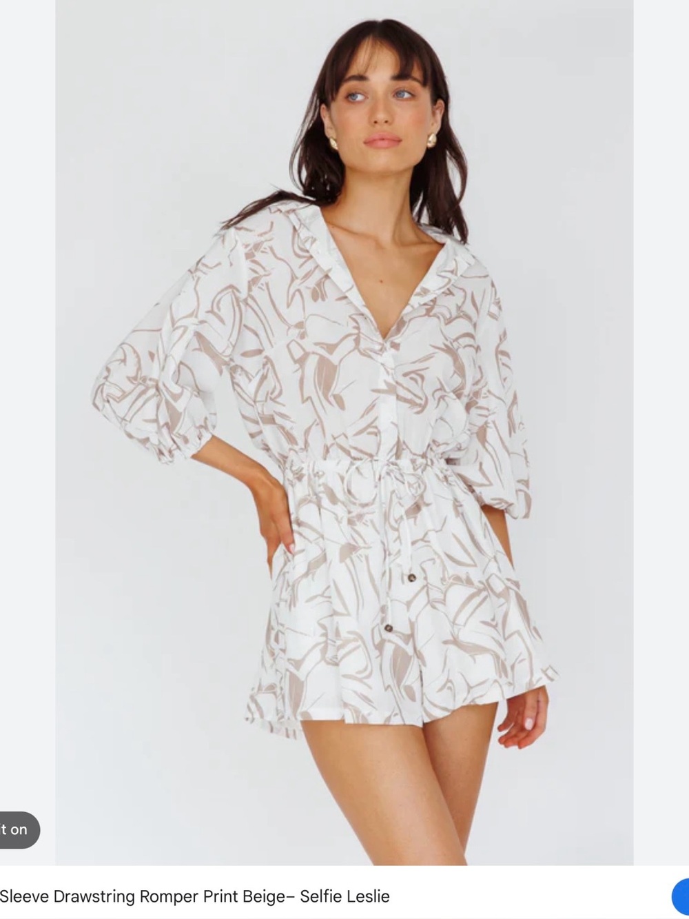 Selfie Leslie White and Beige Leaf-Print Puff Sleeve Romper